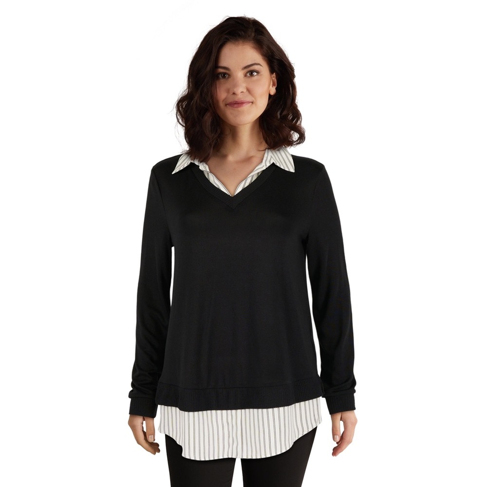 Black Layered V-Neck Blouse with Striped Shirt Detail